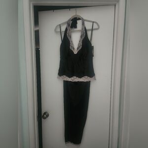 Halter Style Pajama Set Black Satin With Pink Lace Trim